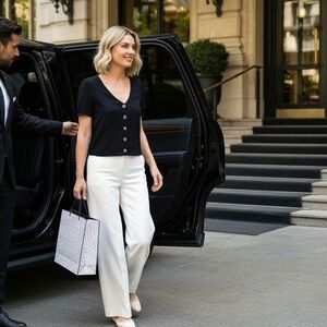 Urban Romantics black V-neck,button front top,short sleeve w/ puff shoulder 🖤